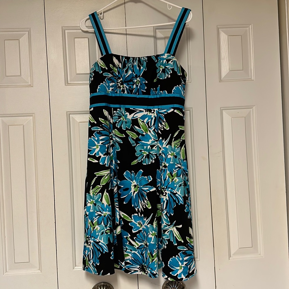 R&K ORIGINALS Women's Black Blue Floral Sundress DRESS Size 10 Sleeveless